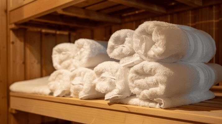 Gym amenities include sauna. This is a pile of tools on the shelf.